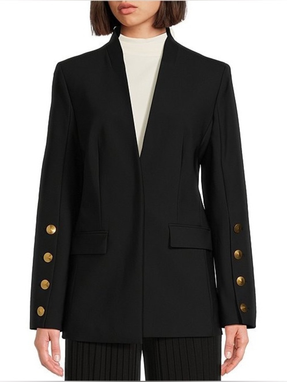 Donna Karan Black Open-Front Blazer with Gold Buttons